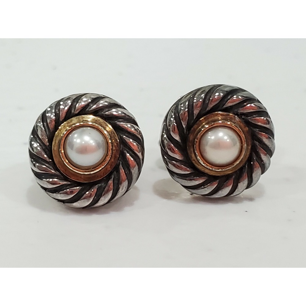 David Yurman Pearl Infinity Stud Earrings in Sterling Silver 585 Gold MINI - Picture 1 of 8